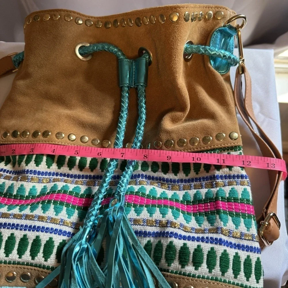PITI CUITI Boho Suede Fringe Drawstring Large Bucket Multicolor Bag Made France